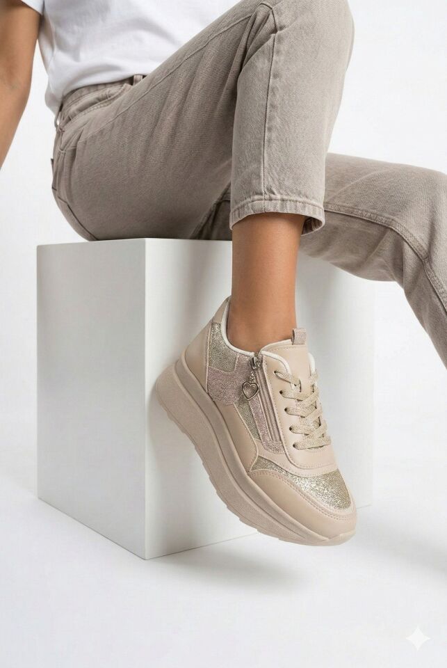 Yan Fermuarlı Işıltılı Trend 5 Cm Platform Kadın Sneaker Spor Ayakkabı KREM - 38