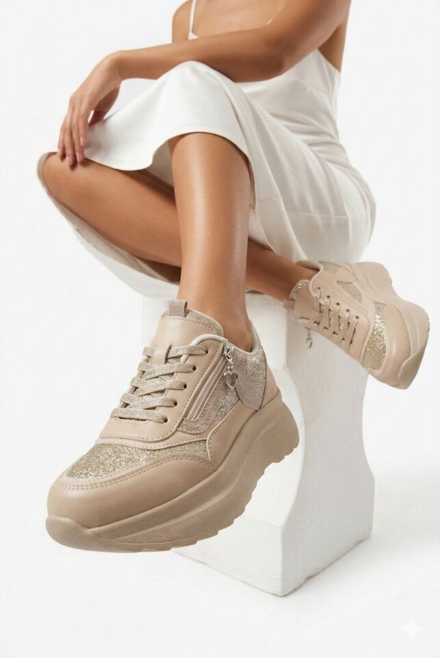 Yan Fermuarlı Işıltılı Trend 5 Cm Platform Kadın Sneaker Spor Ayakkabı KREM - 38