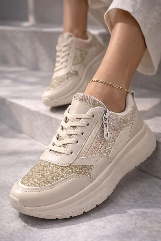 Yan Fermuarlı Işıltılı Trend 5 Cm Platform Kadın Sneaker Spor Ayakkabı KREM - 38