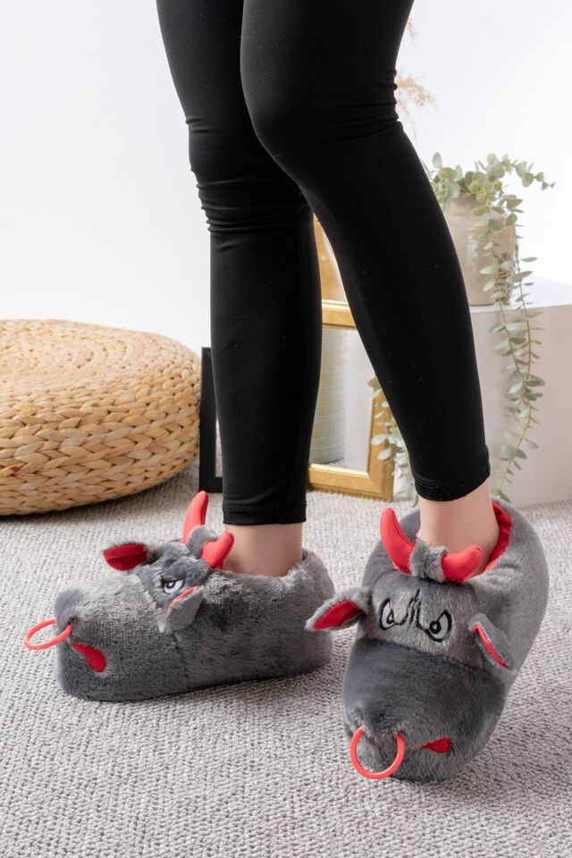 Unisex Hayvanlı Panduf Ev Ayakkabısı Ses Yapmaz Taban YENİ FÜME - 40-42