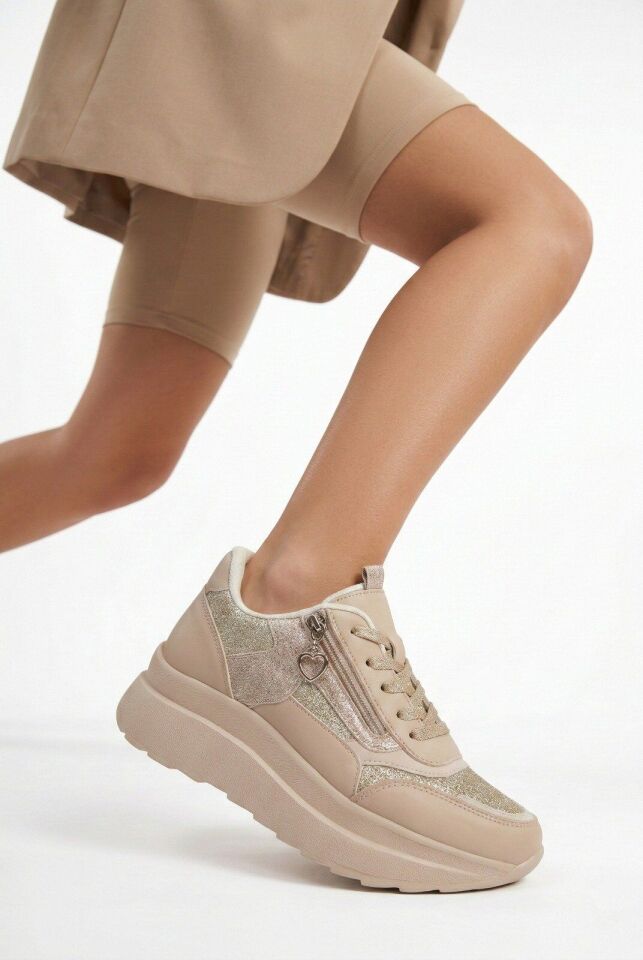 Yan Fermuarlı Işıltılı Trend 5 Cm Platform Kadın Sneaker Spor Ayakkabı KREM - 40