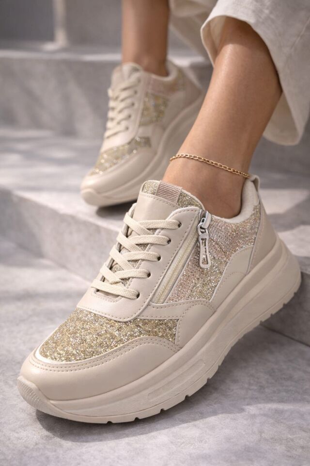 Yan Fermuarlı Işıltılı Trend 5 Cm Platform Kadın Sneaker Spor Ayakkabı KREM - 40