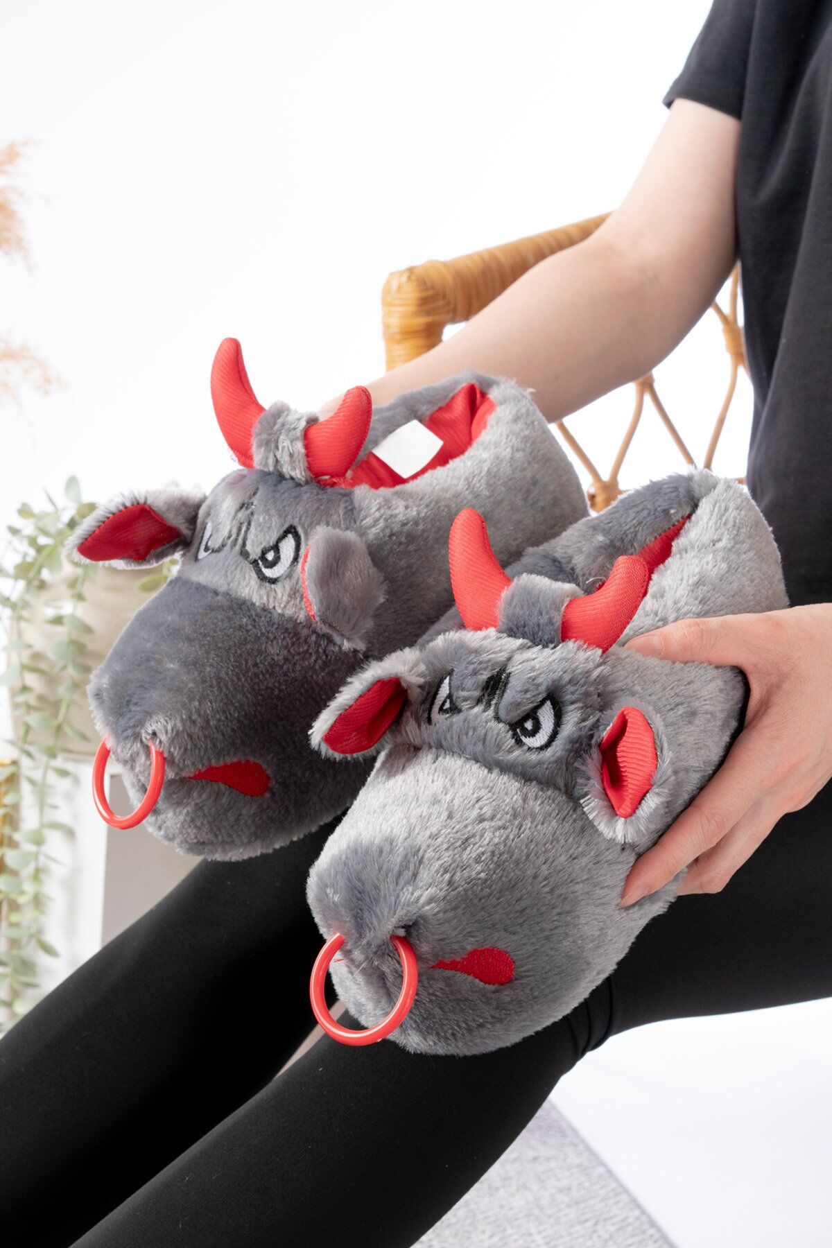 Unisex Hayvanlı Panduf Ev Ayakkabısı Ses Yapmaz Taban YENİ FÜME - 40-42