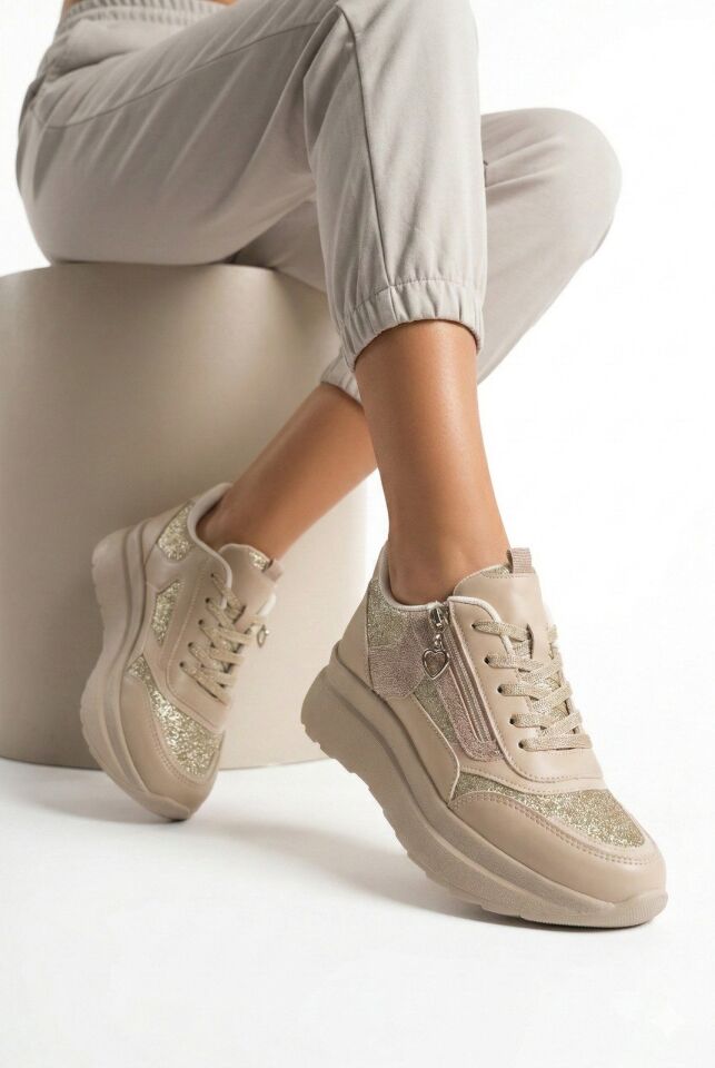 Yan Fermuarlı Işıltılı Trend 5 Cm Platform Kadın Sneaker Spor Ayakkabı KREM - 40