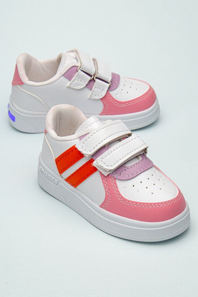 Kids Rahat Unisex Bebek Cırt Cırtlı Işıklı Çocuk Sneaker -Spor Ayakkabı BEYAZ-TURUNCU - 29