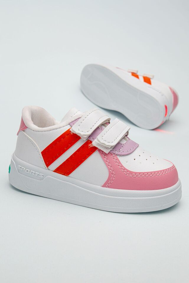 Kids Rahat Unisex Bebek Cırt Cırtlı Işıklı Çocuk Sneaker -Spor Ayakkabı BEYAZ-TURUNCU - 29