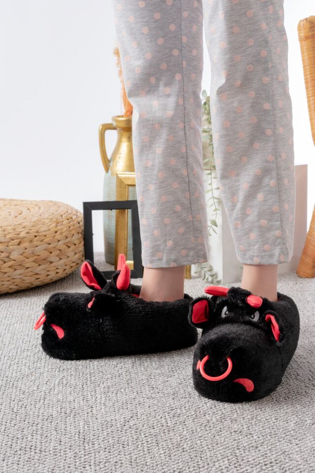 Unisex Hayvanlı Panduf Ev Ayakkabısı Ses Yapmaz Taban SİYAH - 38-40