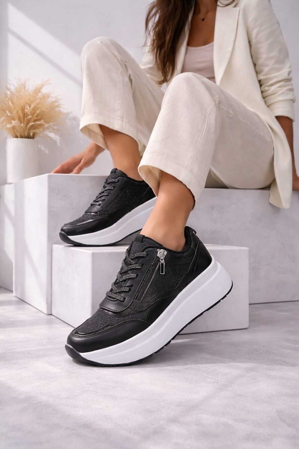 Yan Fermuarlı Işıltılı Trend 5 Cm Platform Kadın Sneaker Spor Ayakkabı SİYAH-BEYAZ - 38