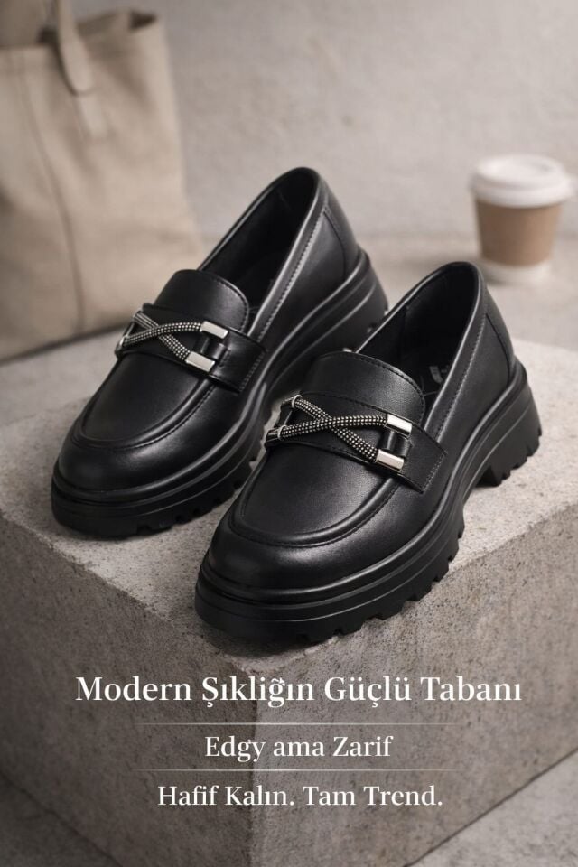 Kadın Kalın Taban Ortopedik Comfort Taban Deri Görünümlü Loafer – Siyah Kadın Kalın Taban Ortopedik Comfort Taban Deri Görünümlü Loafer – Siyah