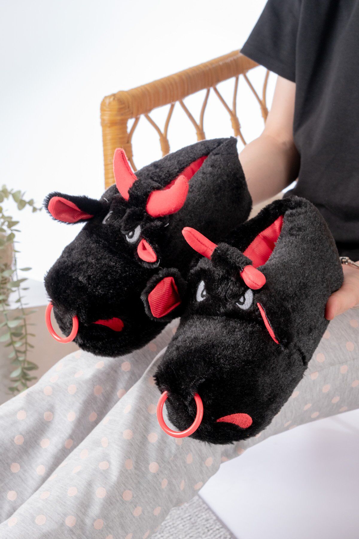 Unisex Hayvanlı Panduf Ev Ayakkabısı Ses Yapmaz Taban SİYAH - 40-42