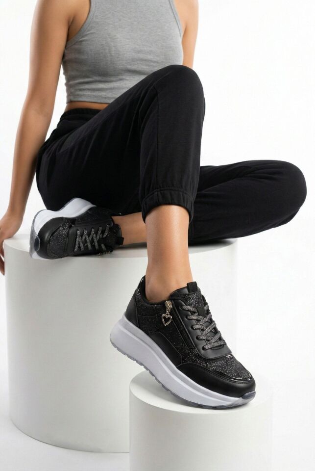 Yan Fermuarlı Işıltılı Trend 5 Cm Platform Kadın Sneaker Spor Ayakkabı SİYAH-BEYAZ - 40