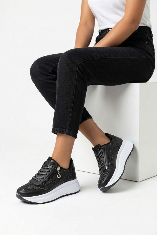 Yan Fermuarlı Işıltılı Trend 5 Cm Platform Kadın Sneaker Spor Ayakkabı SİYAH-BEYAZ - 40