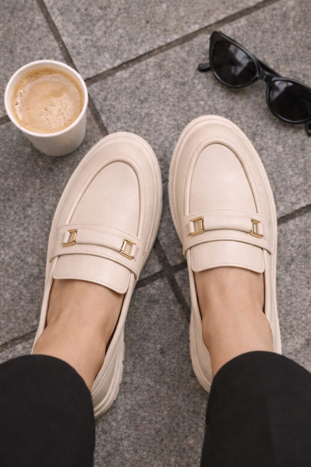 Kadın Kalın Taban Ortopedik Comfort Taban Deri Görünümlü Loafer – Siyah 702-KREM - 39