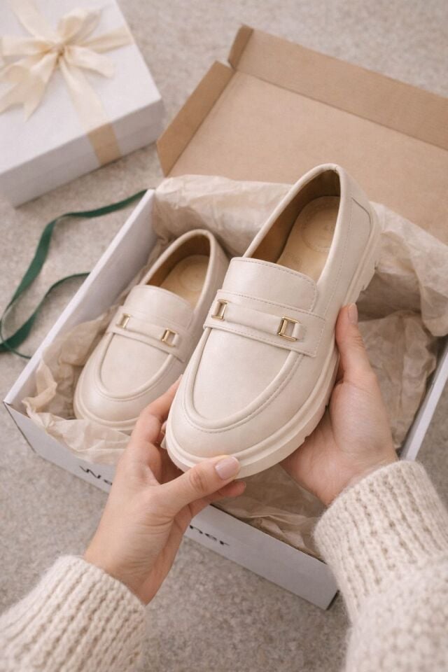 Kadın Kalın Taban Ortopedik Comfort Taban Deri Görünümlü Loafer – Siyah 702-KREM - 39