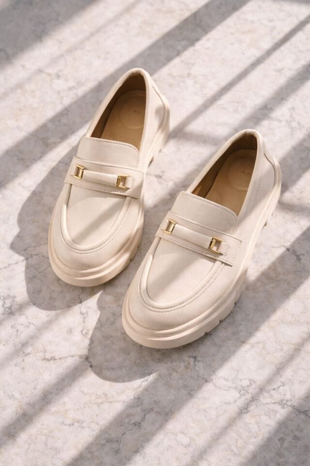 Kadın Kalın Taban Ortopedik Comfort Taban Deri Görünümlü Loafer – Siyah 702-KREM - 39