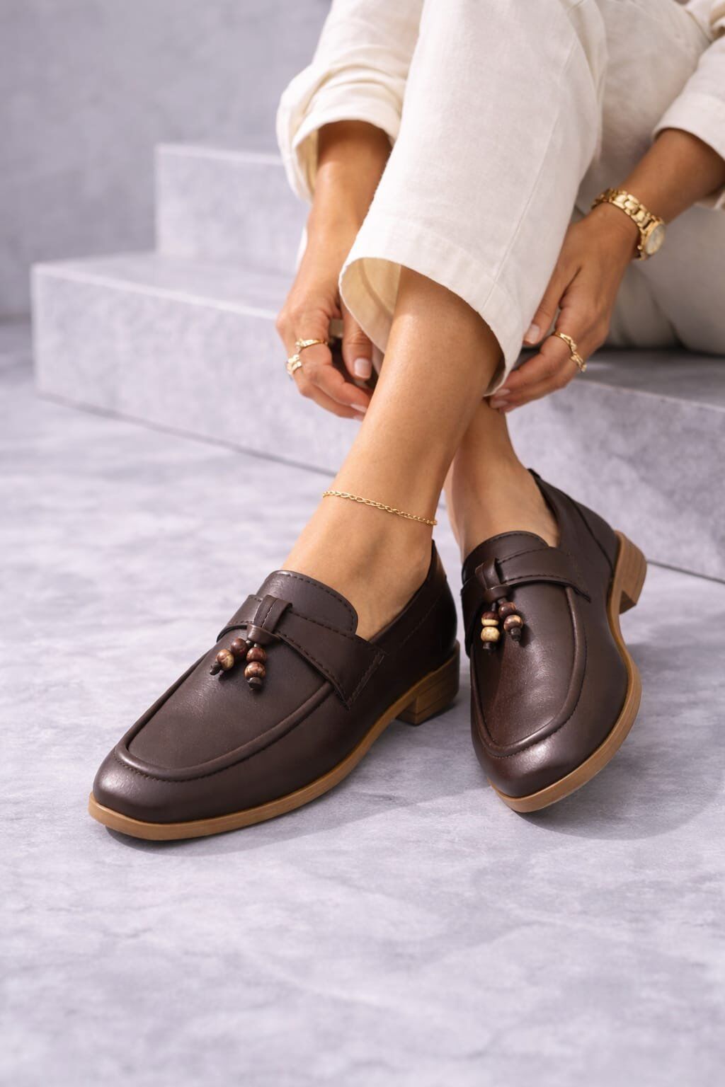 Kadın Püskül Detaylı Loafer Makosen Rahat Günlük Ayakkabı Babet KAHVERENGİ - 39
