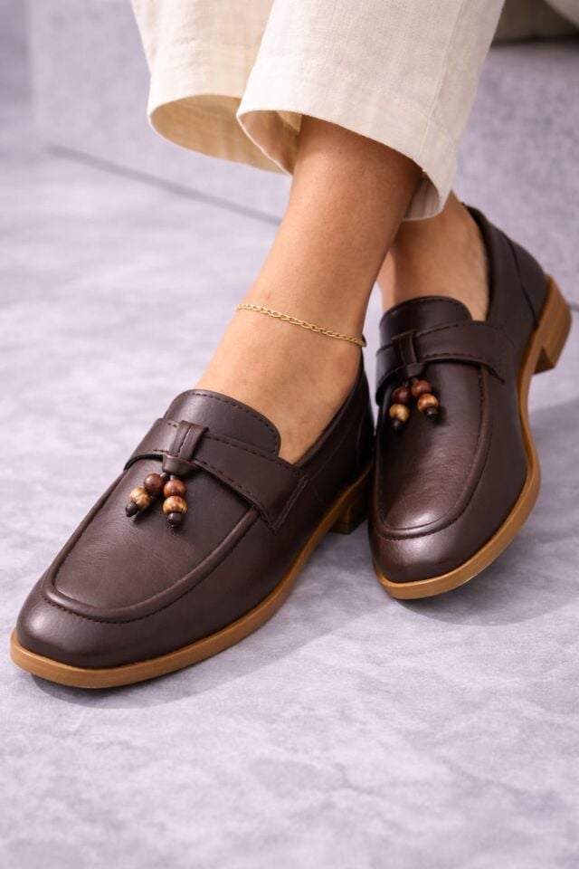 Kadın Püskül Detaylı Loafer Makosen Rahat Günlük Ayakkabı Babet KAHVERENGİ - 39