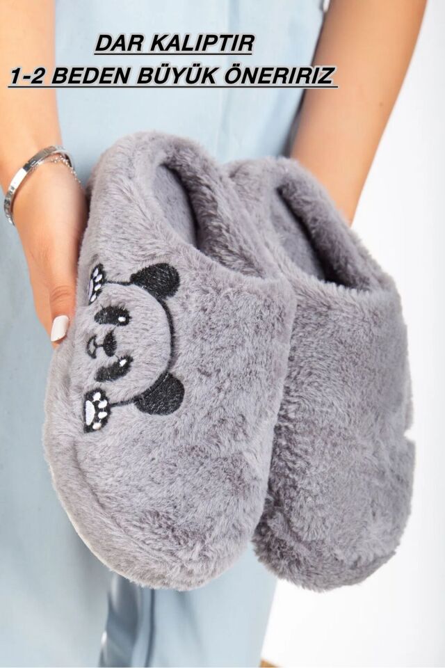 Kadın Ev Terliği Peluş Terlik Çeyiz ve Bohça Terliği Ses Yapmaz Kalın Taban PANDA GRİ - 38-39