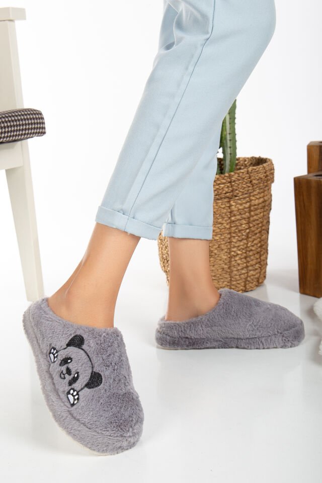 Kadın Ev Terliği Peluş Terlik Çeyiz ve Bohça Terliği Ses Yapmaz Kalın Taban PANDA GRİ - 38-39