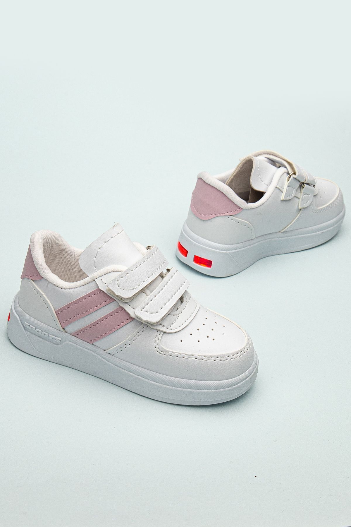 Kids Rahat Unisex Bebek Cırt Cırtlı Işıklı Çocuk Sneaker -Spor Ayakkabı BEYAZ PUDRA - 26