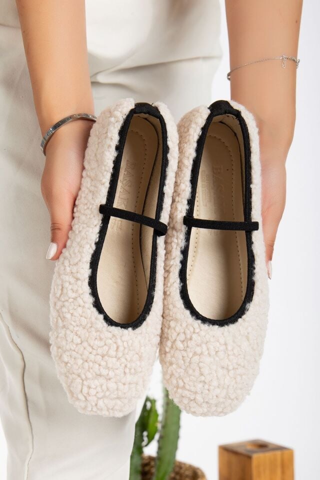 Kadın Peluş Lastik Detay Düz Taban Mary Jane Tedy Babet KREM - 38