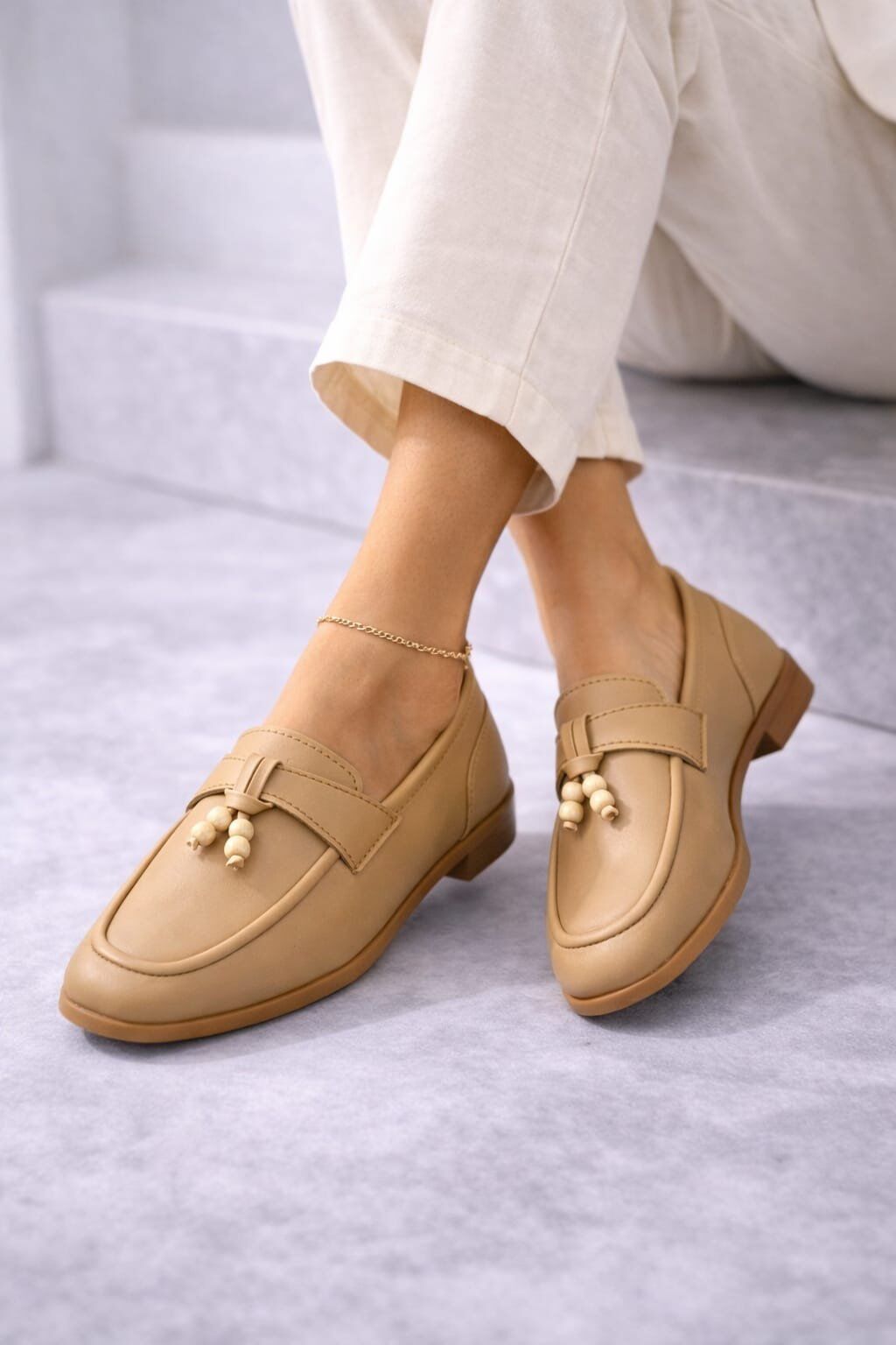 Kadın Püskül Detaylı Loafer Makosen Rahat Günlük Ayakkabı Babet KREM - 38