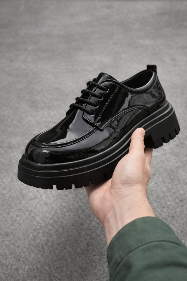 Kadın Kalın Taban Ortopedik Comfort Taban Deri Görünümlü Loafer – Siyah BAĞCIKLI RUGAN SİYAH - 38