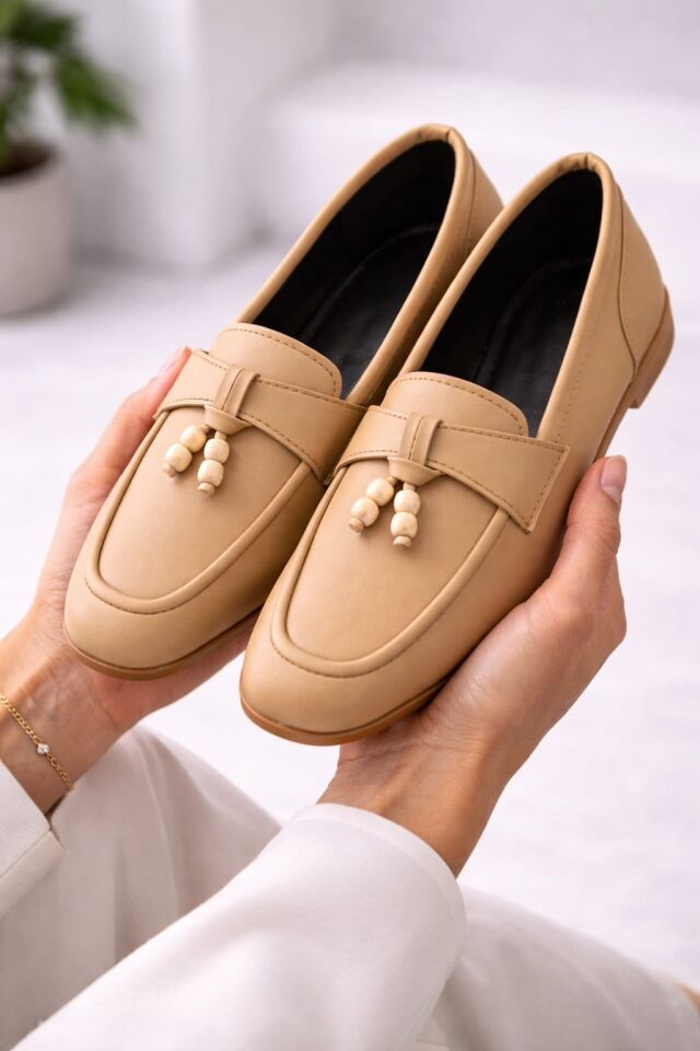 Kadın Püskül Detaylı Loafer Makosen Rahat Günlük Ayakkabı Babet KREM - 40