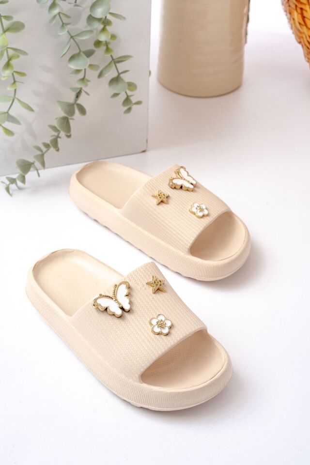 Kids Kız Çocuk Soelite Meyveli Platform Yumuşak Yazlık Deniz Havuz Bahçe Dışarı Terlik KREM TAŞLI - 34-35