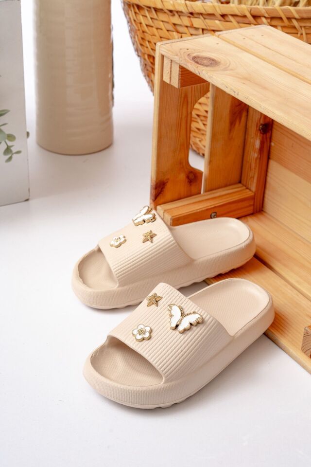 Kids Kız Çocuk Soelite Meyveli Platform Yumuşak Yazlık Deniz Havuz Bahçe Dışarı Terlik KREM TAŞLI - 34-35