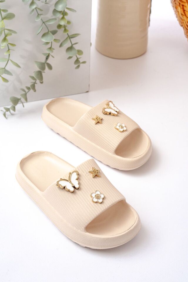 Kids Kız Çocuk Soelite Meyveli Platform Yumuşak Yazlık Deniz Havuz Bahçe Dışarı Terlik KREM TAŞLI - 34-35