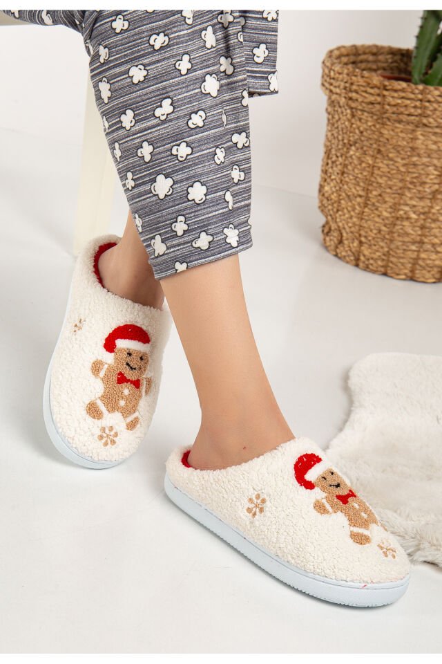 Noel Baba Yılbaşı Terliği Ev Pandufu Ev Terliği Misafir Terliği BEYAZ KARDAN ADAM - 40-41