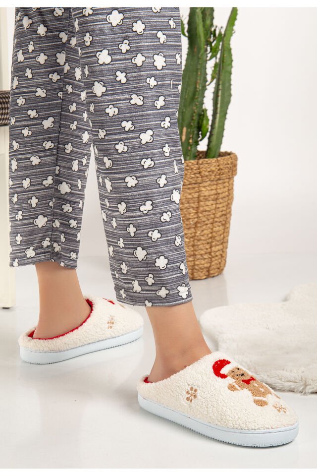 Noel Baba Yılbaşı Terliği Ev Pandufu Ev Terliği Misafir Terliği BEYAZ KARDAN ADAM - 40-41