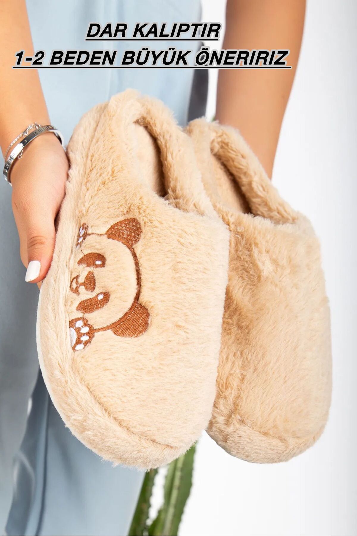 Kadın Ev Terliği Peluş Terlik Çeyiz ve Bohça Terliği Ses Yapmaz Kalın Taban PANDA VİZON - 36-37