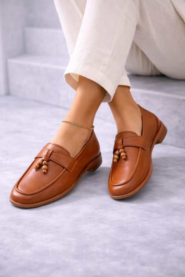 Kadın Püskül Detaylı Loafer Makosen Rahat Günlük Ayakkabı Babet TABA - 36