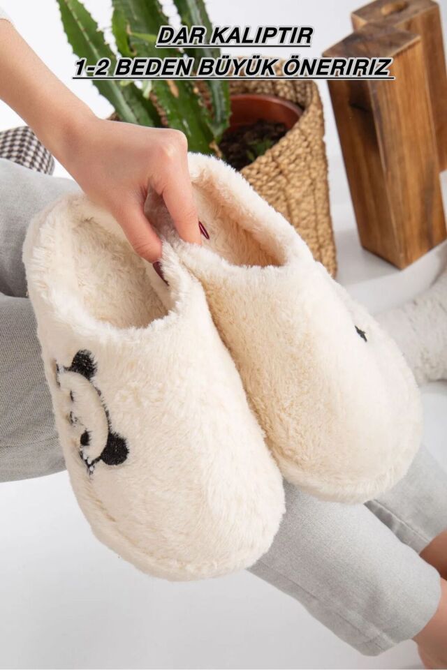 Kadın Ev Terliği Peluş Terlik Çeyiz ve Bohça Terliği Ses Yapmaz Kalın Taban PANDA KREM - 36-37