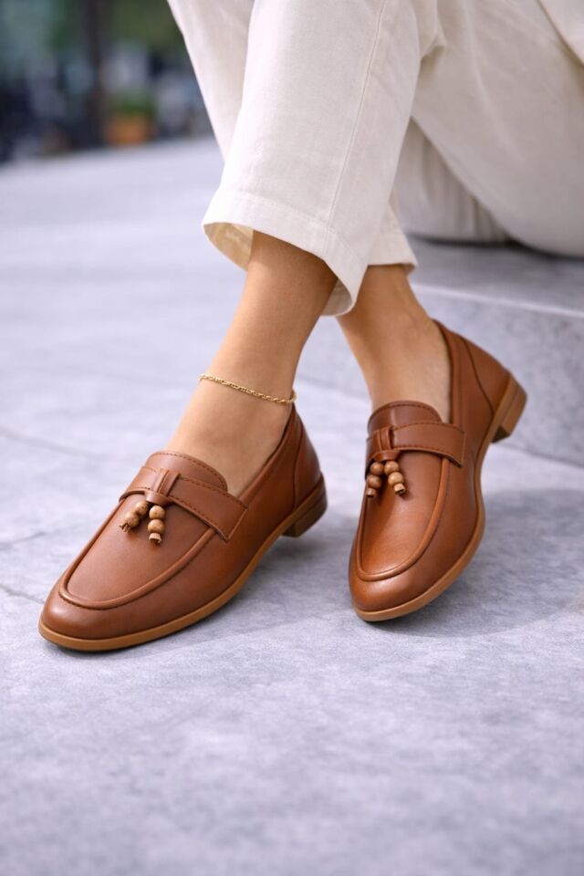 Kadın Püskül Detaylı Loafer Makosen Rahat Günlük Ayakkabı Babet TABA - 39
