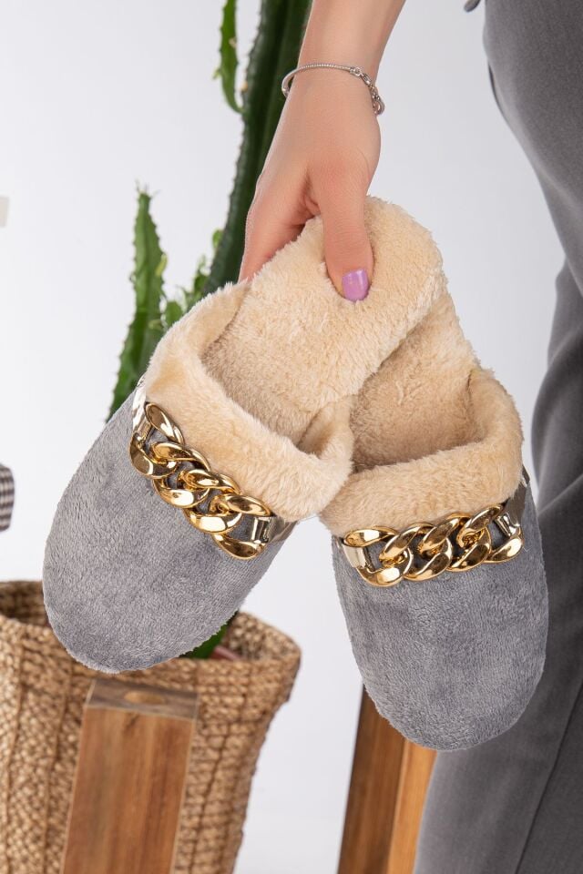 Kadın Tokalı Peluş Terlik Ev Terliği-Misafir Terliği-Bohça Terliği-Çeyiz Terliği GRİ - 38