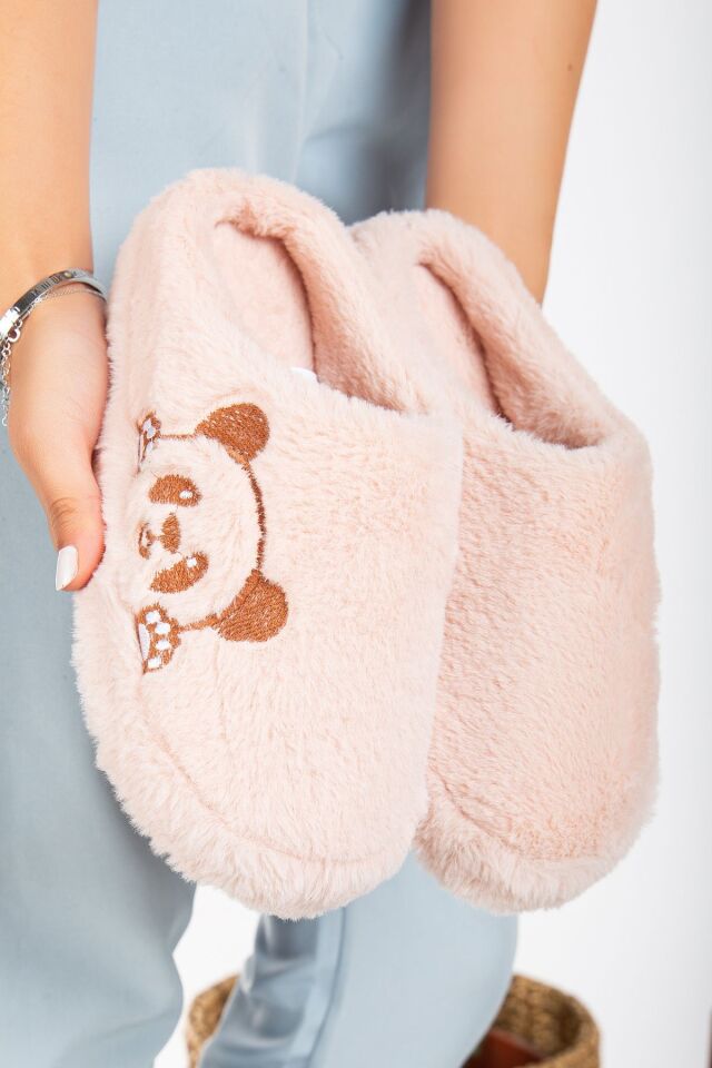 Kadın Ev Terliği Peluş Terlik Çeyiz ve Bohça Terliği Ses Yapmaz Kalın Taban PANDA PUDRA - 36-37