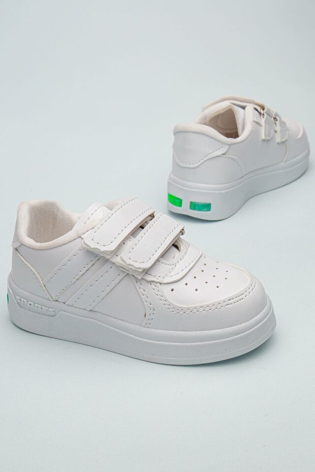 Kids Rahat Unisex Bebek Cırt Cırtlı Işıklı Çocuk Sneaker -Spor Ayakkabı BEYAZ-BEYAZ - 28
