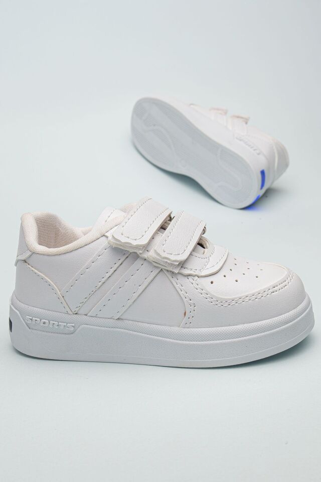 Kids Rahat Unisex Bebek Cırt Cırtlı Işıklı Çocuk Sneaker -Spor Ayakkabı BEYAZ-BEYAZ - 28