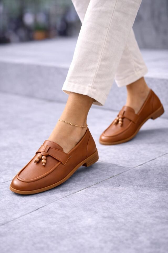 Kadın Püskül Detaylı Loafer Makosen Rahat Günlük Ayakkabı Babet TABA - 40