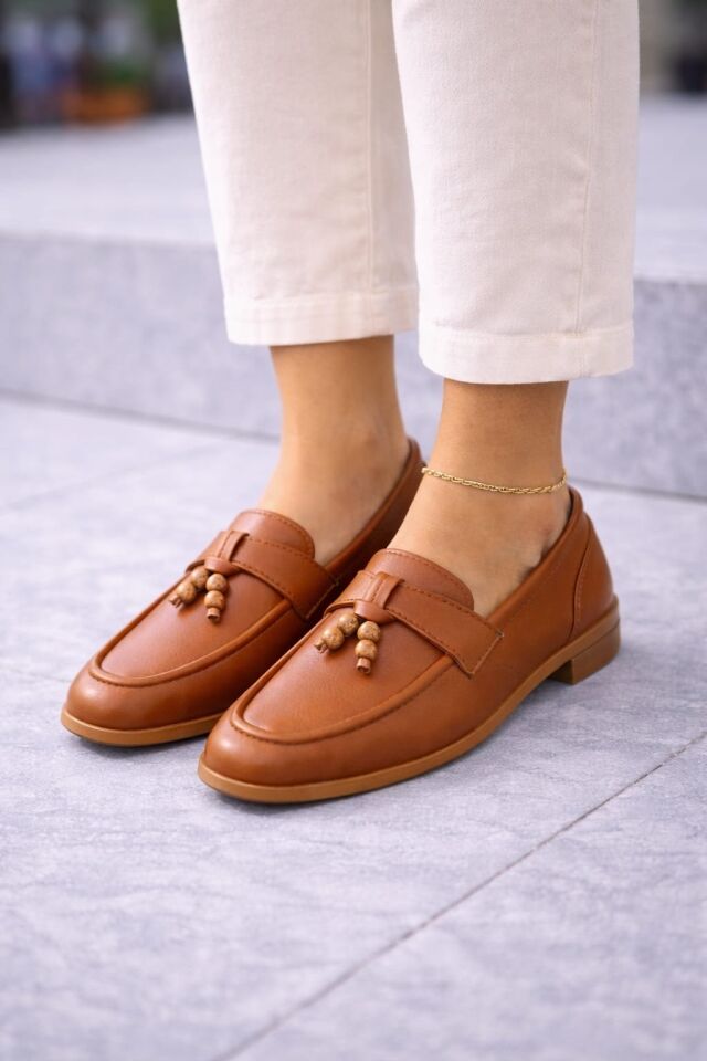 Kadın Püskül Detaylı Loafer Makosen Rahat Günlük Ayakkabı Babet TABA - 40