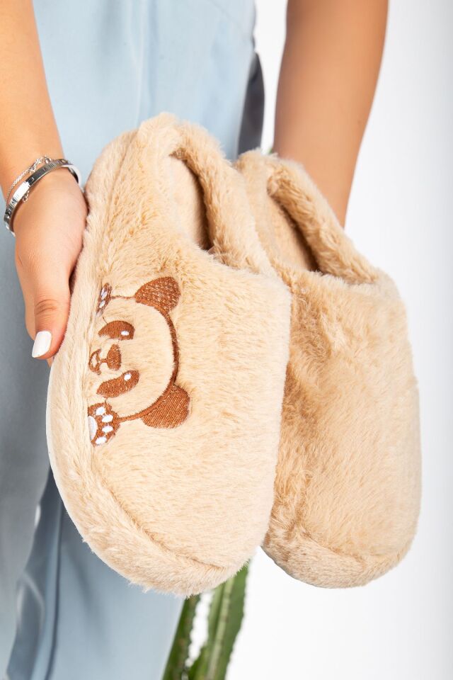 Kadın Ev Terliği Peluş Terlik Çeyiz ve Bohça Terliği Ses Yapmaz Kalın Taban PANDA VİZON - 40-41
