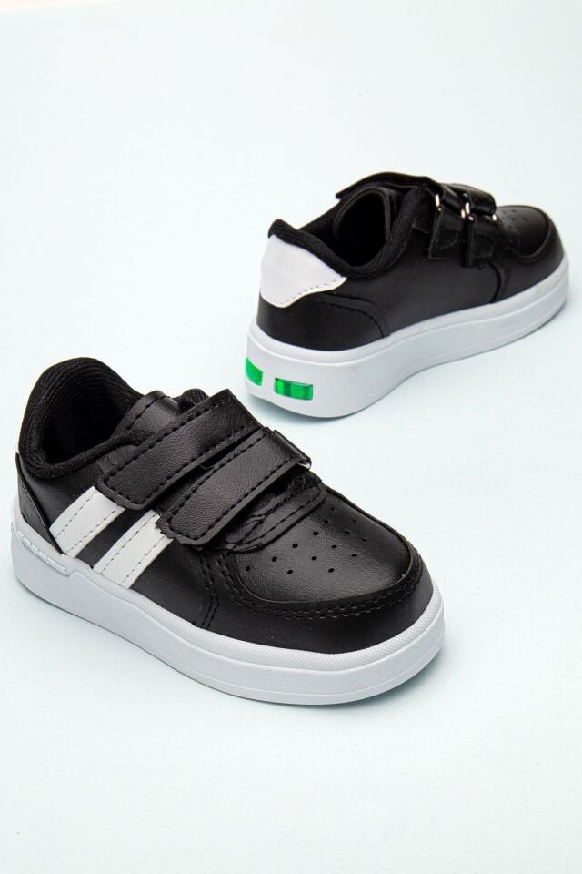 Kids Rahat Unisex Bebek Cırt Cırtlı Işıklı Çocuk Sneaker -Spor Ayakkabı SİYAH-BEYAZ - 23