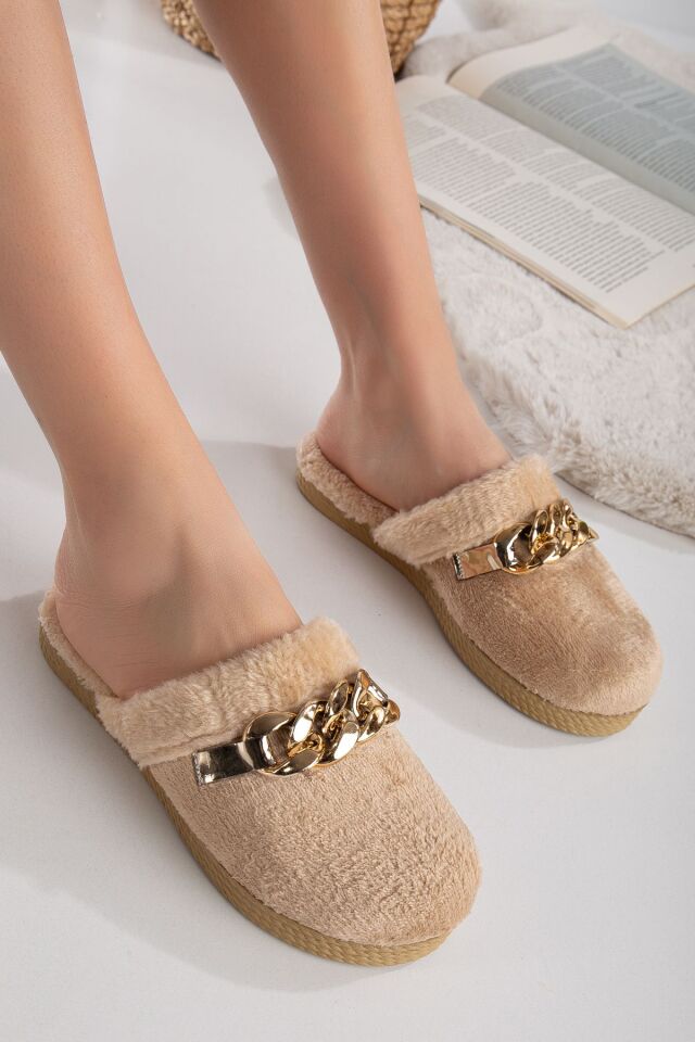 Kadın Tokalı Peluş Terlik Ev Terliği-Misafir Terliği-Bohça Terliği-Çeyiz Terliği BEJ - 38