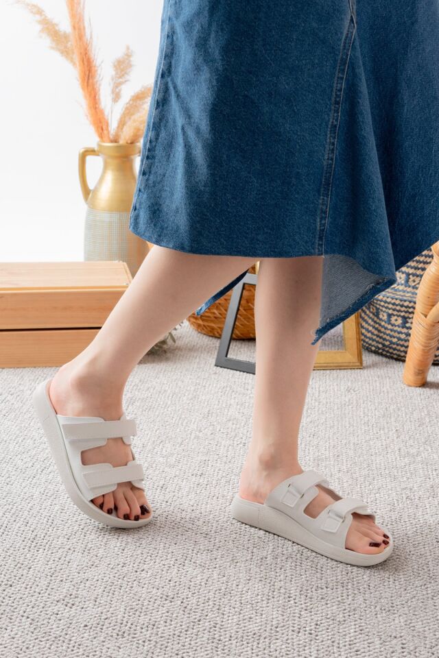 Mulex  İki Cırtlı,Kadın Şık, Günlük Siyah Terlik BEYAZ - 40