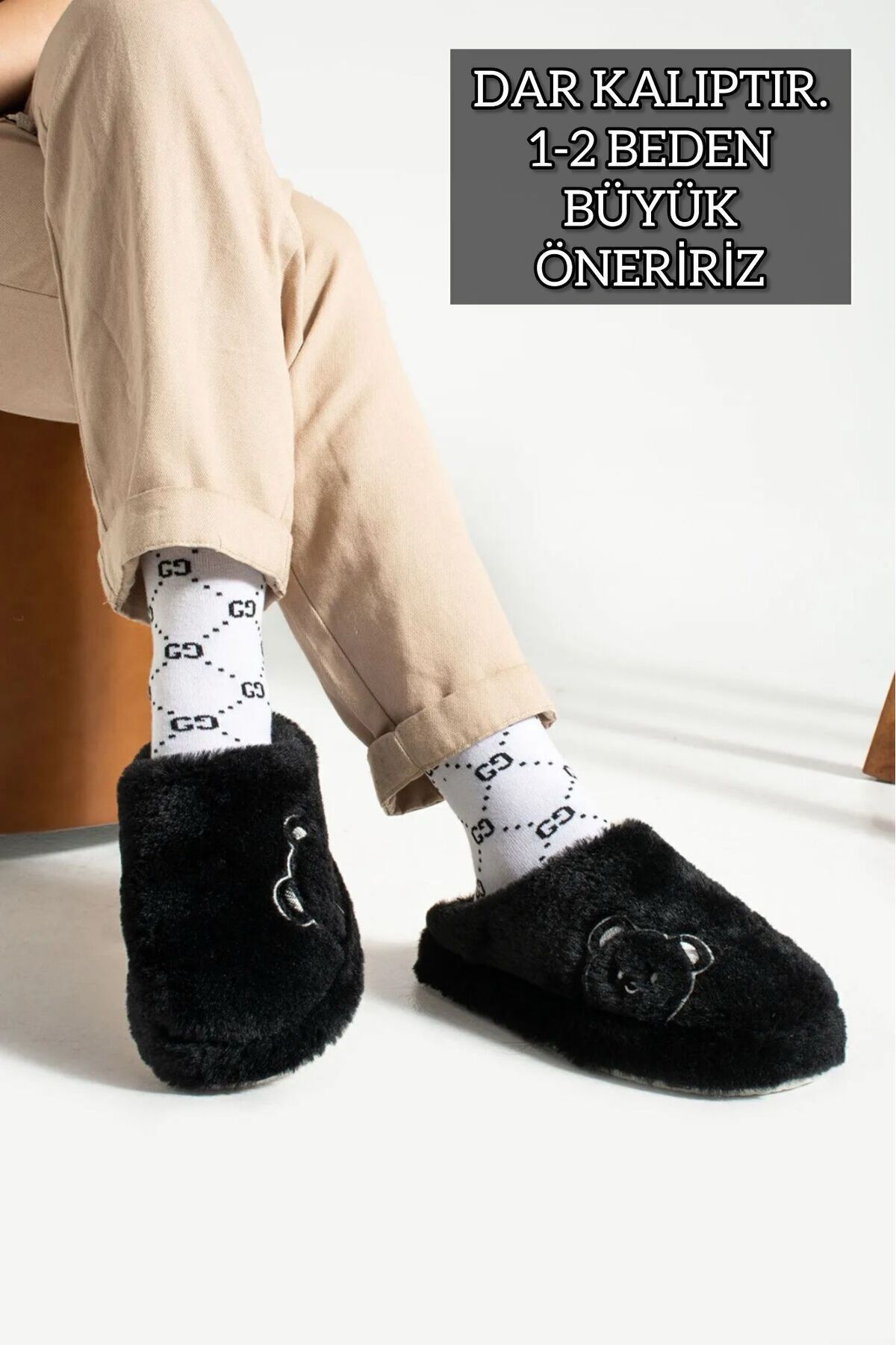 Kadın Ev Terliği Peluş Terlik Çeyiz ve Bohça Terliği Ses Yapmaz Kalın Taban SİYAH - 36-37