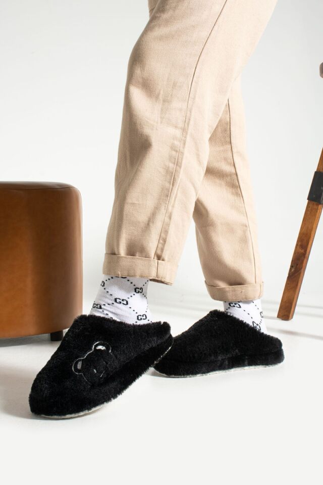 Kadın Ev Terliği Peluş Terlik Çeyiz ve Bohça Terliği Ses Yapmaz Kalın Taban SİYAH - 36-37