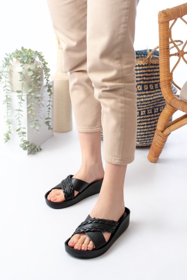 Günlük Ortopedik  Anne Terlik Rahat Orta Yaş Genç Ev & Dışarı Terliği 1414 SİYAH DÜZ - 36